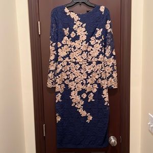 Navy blue lace dress w gold sparkle made flowers all over it- wore one time